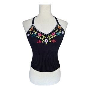 Wet Seal Black Embroidered Knit Halter Top Boho Floral Y2K Ribbed Stretch S